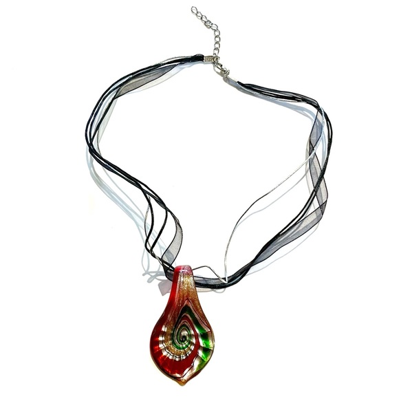 Murano Style Blown Glass Necklace Teardrop Red Green Silver Gold Swirl Sparkly - Picture 5 of 6